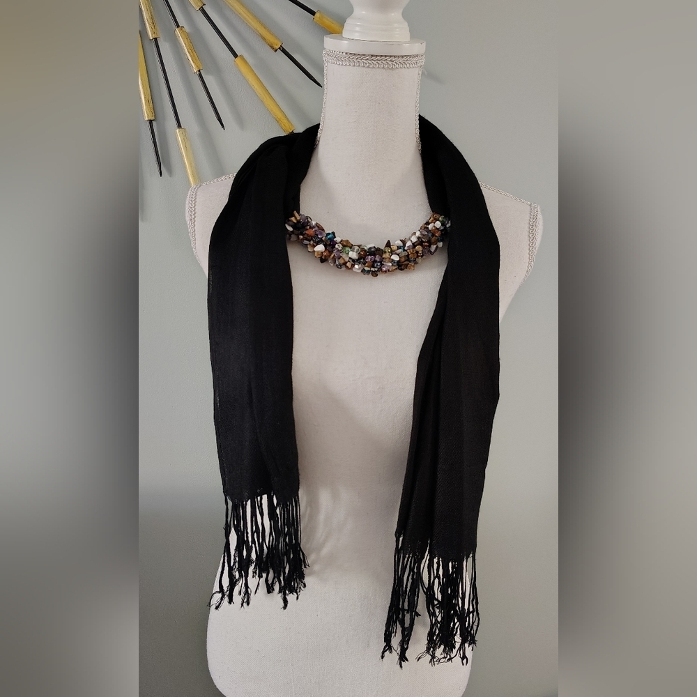 Artisan Crystal Beaded Necklace Scarf Stone Chips Nuggets Wrapped Fringe Black